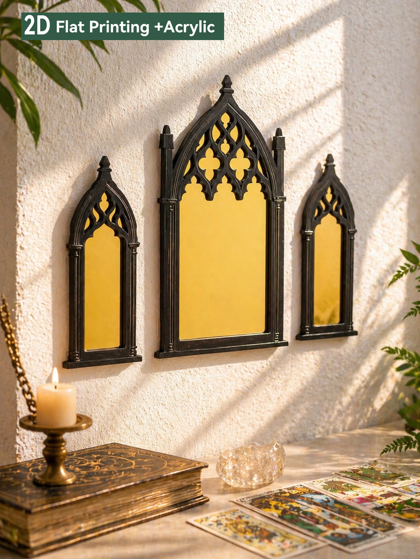 3Pcs Black Gothic Cathedral Wall Mirror, Ornate Window-Shaped Acrylic Mirror,Wall Art for Witchy & Dark Academia Room Decor Gift view 2