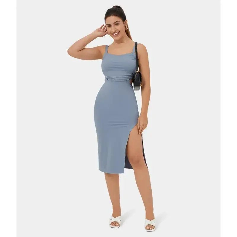 Halara Ruched Backless Crisscross Lace Up Split Bodycon Midi Casual Dress