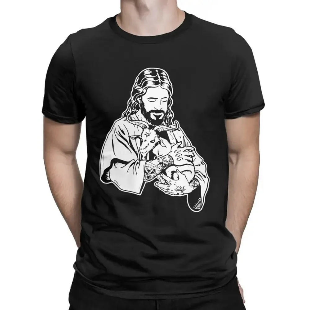 Jesus Loves Satan Baphomet Goat Atheist T-Shirt Men Humor Pure Cotton Tees Round Collar Short Sleeve T Shirts Gift 80083