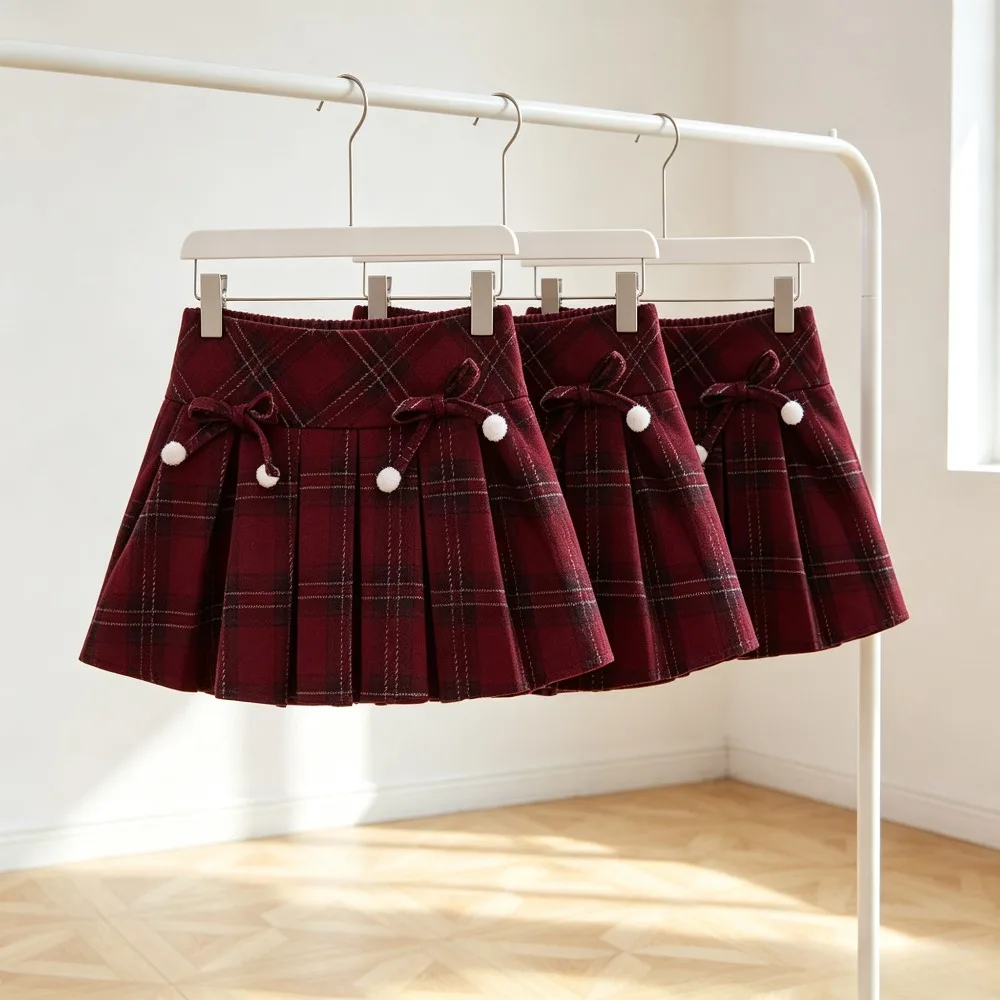 Girls Burgundy Plaid Skirt with Bow Pearls Wool Blend Pleated Mini Skirt Kids Winter Christmas New Year Party Performance Wear