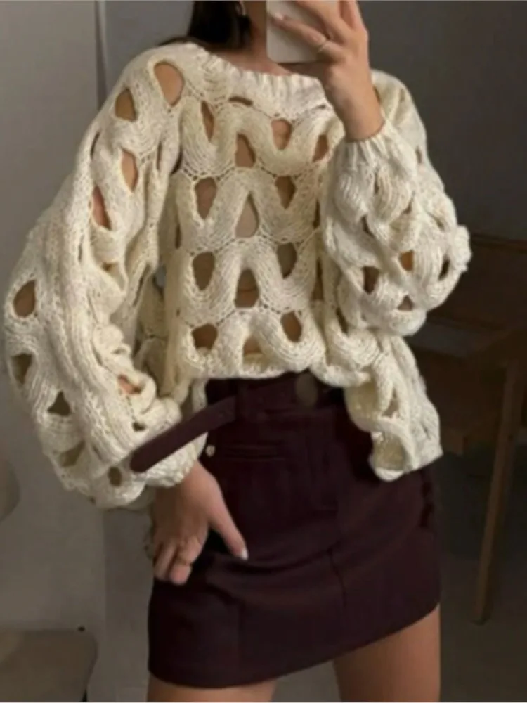 Fashion Hollow Out Sweater For Women Casual Long Sleeve O Neck Pullovers Knit Sweaters Tops Lady Holiday Women's Clothing New