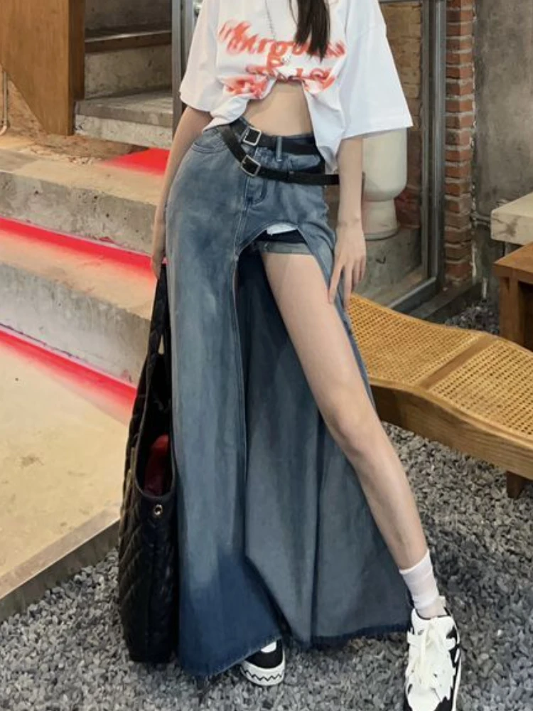 Denim Skirts Women Asymmetrical Creativity Slit Summer Midi Faldas Korean Style New All-match Retro Ladies Stylish Casual Design