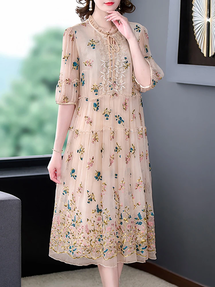 

Summer New Silk Embroidery Floral Luxury Loose Dress Women Elegant Chic Ruffled Collar Casual Home Dress 2024 Vintage Party Robe