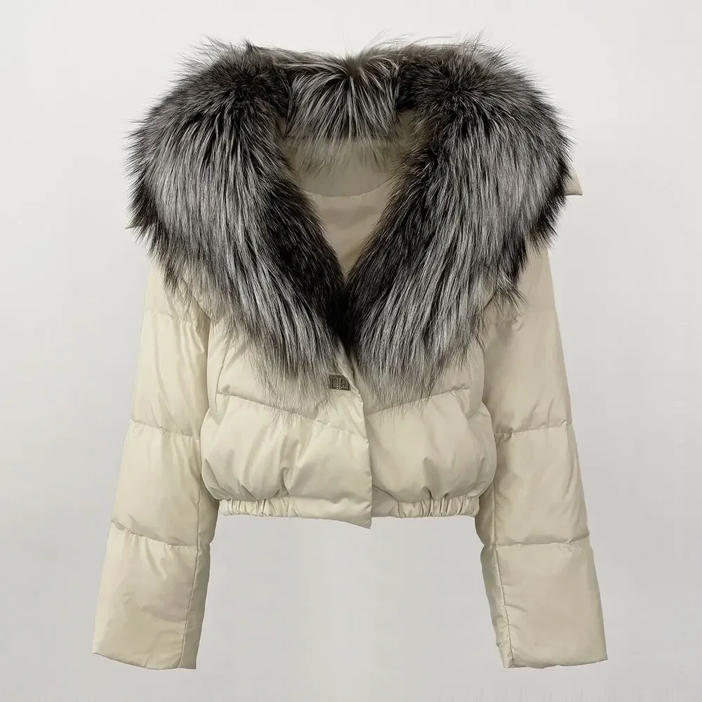 White Duck Down Coat Thick New Autumn Winter Female Feather Short Puffer Jacket Big Natural Real Fox Fur Jacket Women