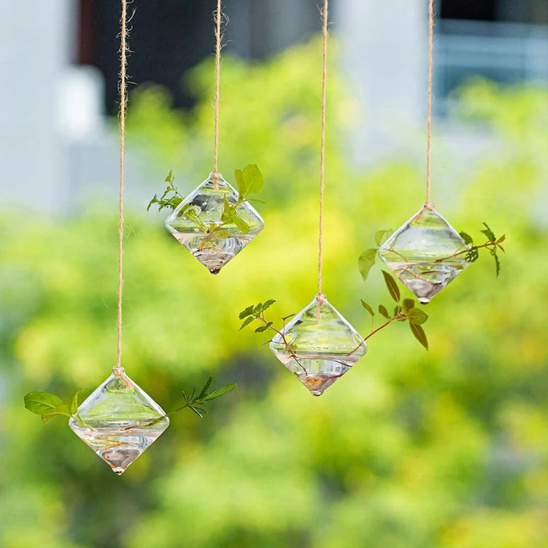 집 정원 발코니용 유리 행잉 파종기, 물 공기 식물 용기, 테라리움 캔들 거치대, 줄 로프 포함, 4 개