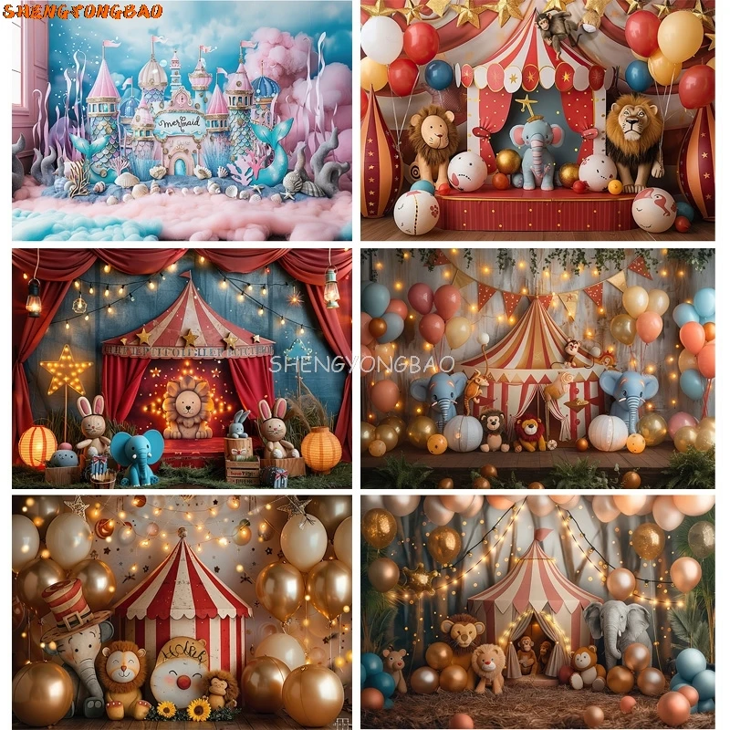 

SHENGYONGBAO Circus Tent With Striped Canopy Popcorn Photography Backdrops Balloons Birthday Party Decor Animal Background SD-04