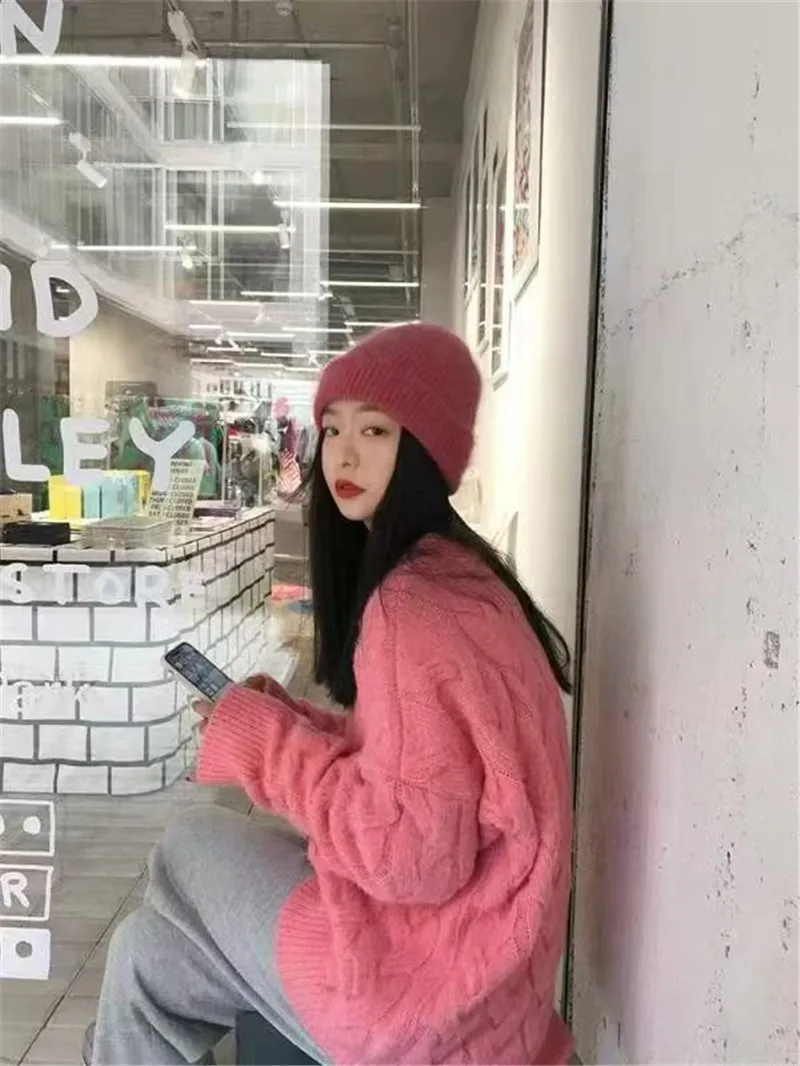 

Корейский модный свободный розовый пуловер для женщин, осень-зима, новый вязаный базовый трикотаж с длинными рукавами, кашемировый шерстяной джемпер, свитер