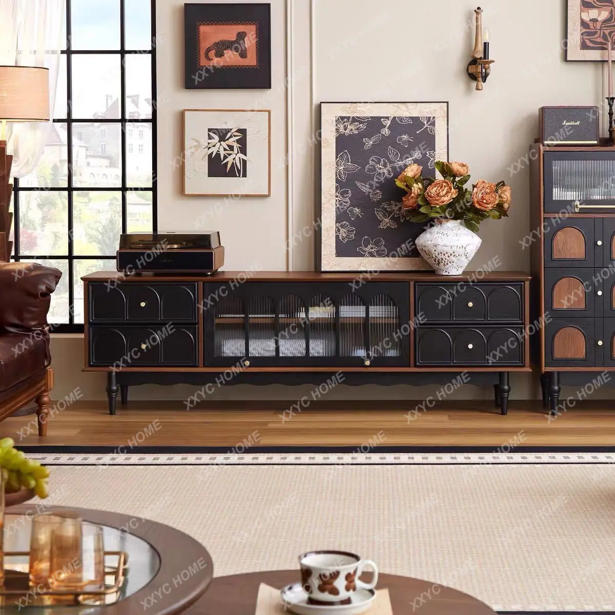 L retro solid wood TV cabinet coffee table floor locker  storage cabinet
