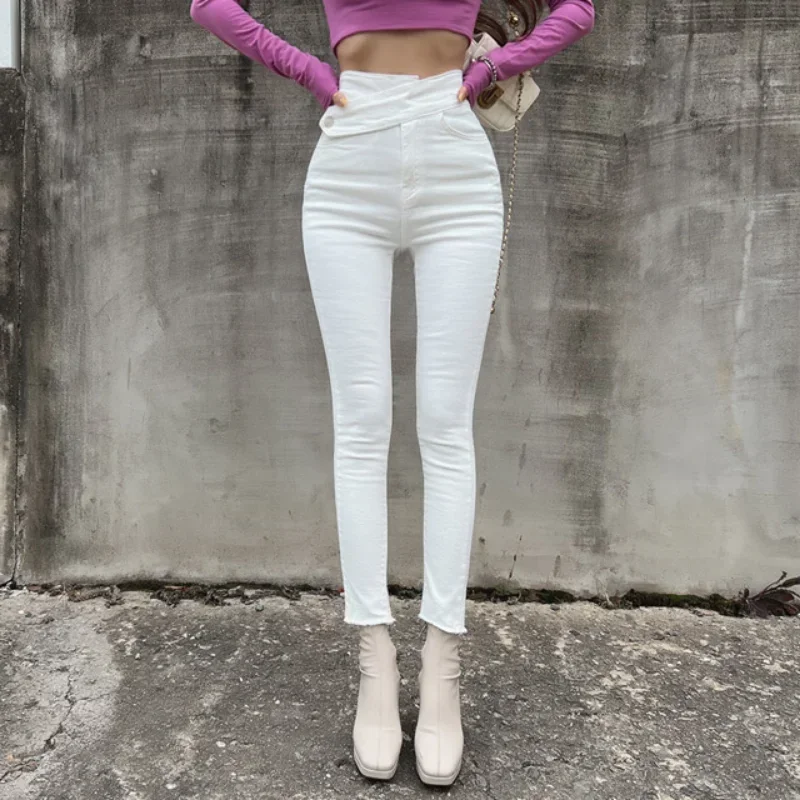 White Chic Women Jeans Spring High Waisted Elastic Denim Woman Pencil Pants Summer Skinny Street Jean Ladies