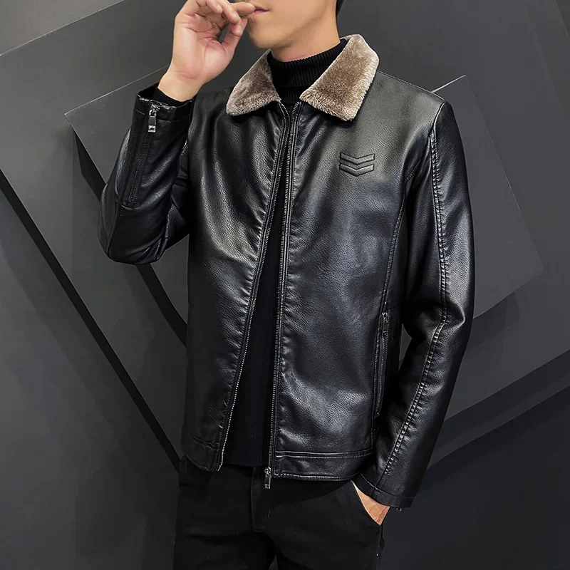 Winter Fashion Warmth Thickened Leather Jacket Lapel Solid Zipper Design Plus Size 4XL-M WorkCoat Men\'s Leather Jacket