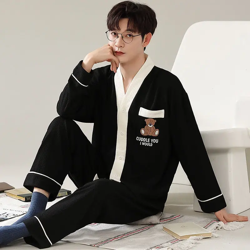 Men's Pajamas High-end Waffle Cotton Spring and Autumn Long-sleeved Cardigan Kimono Loose Plus Size Loungewear Set Winter Simple