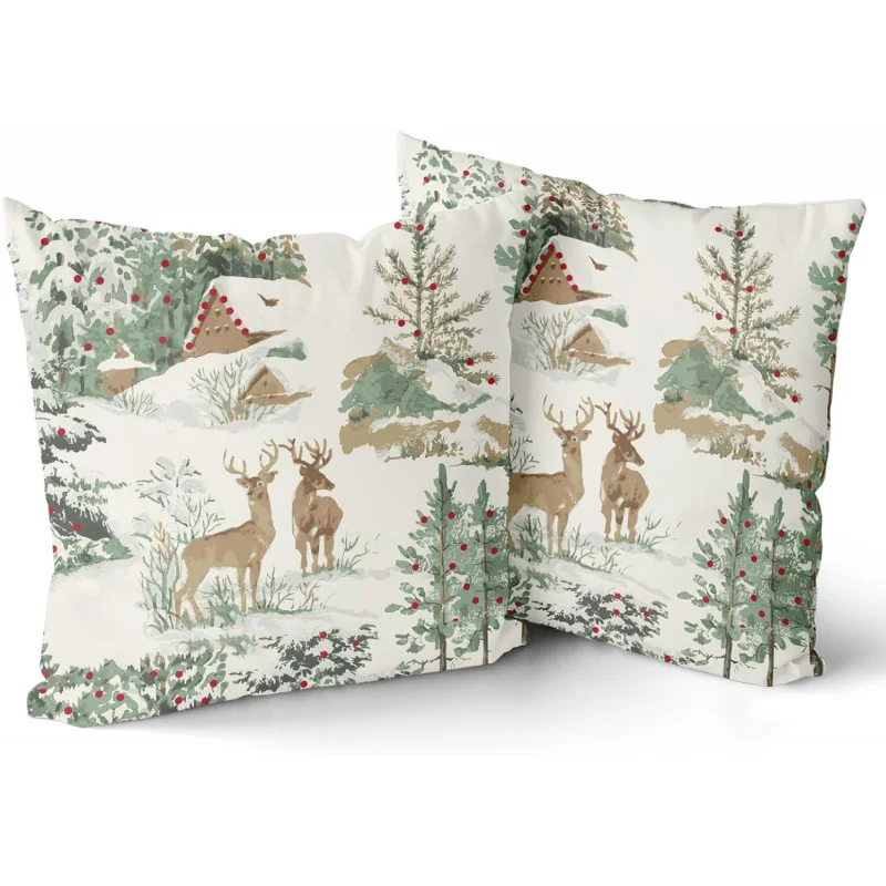 Christmas Winter Rural Deer Forest Cottage Outdoor Pillowcase Cushion Sofa Bed Decoration