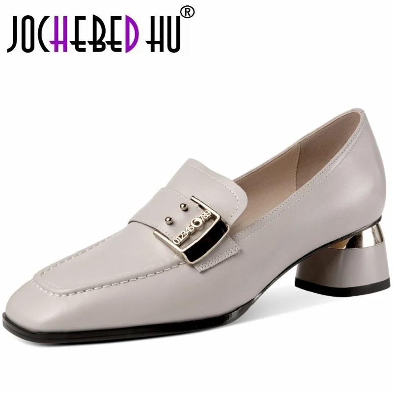 

【JOCHEBED H U】Women's Brand Genuine Leather Shoes Square Toe Strange Style Heel Daily Comfort Retro Temperament Pumps 33-43