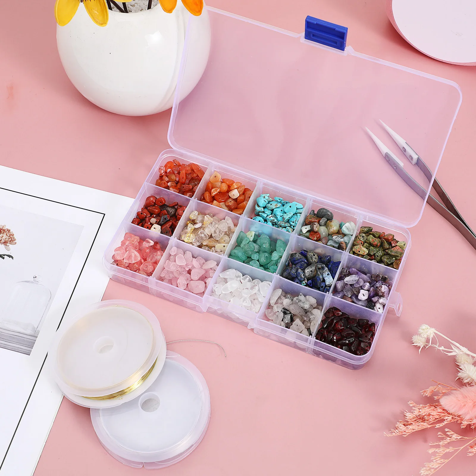 1 Box Natural Stones With Pre-Drilled Holes 2 Rolls Copper Wire For Diy Jewelry Making Craft Kit Bracelets Rings Earrings