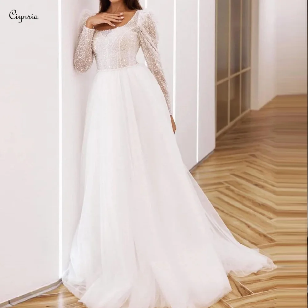 Ciynsia Sexy Bohemia Wedding Dresses Vintage A-Line Tulle Glitter Lace Bridal Gowns Long Sleeve Princess Bride Dress