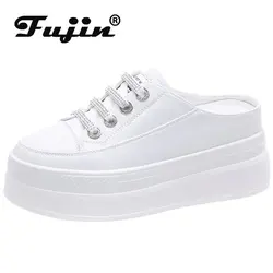 Fujin 7.5cm prawdziwej skóry pantofel damski letnie buty platformy klinowe buty na plażę Mule skórzane wsuwane trampki sandały buty