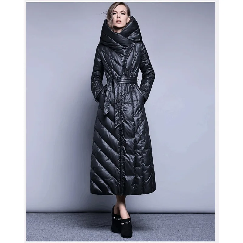 الفاخرة عالية الجودة أسفل سترة الإفراط في الركبة سترة منفوخة معطف شتاء دافئ المرأة الأبيض بطة أسفل معطف سليم مبطن حزام #3