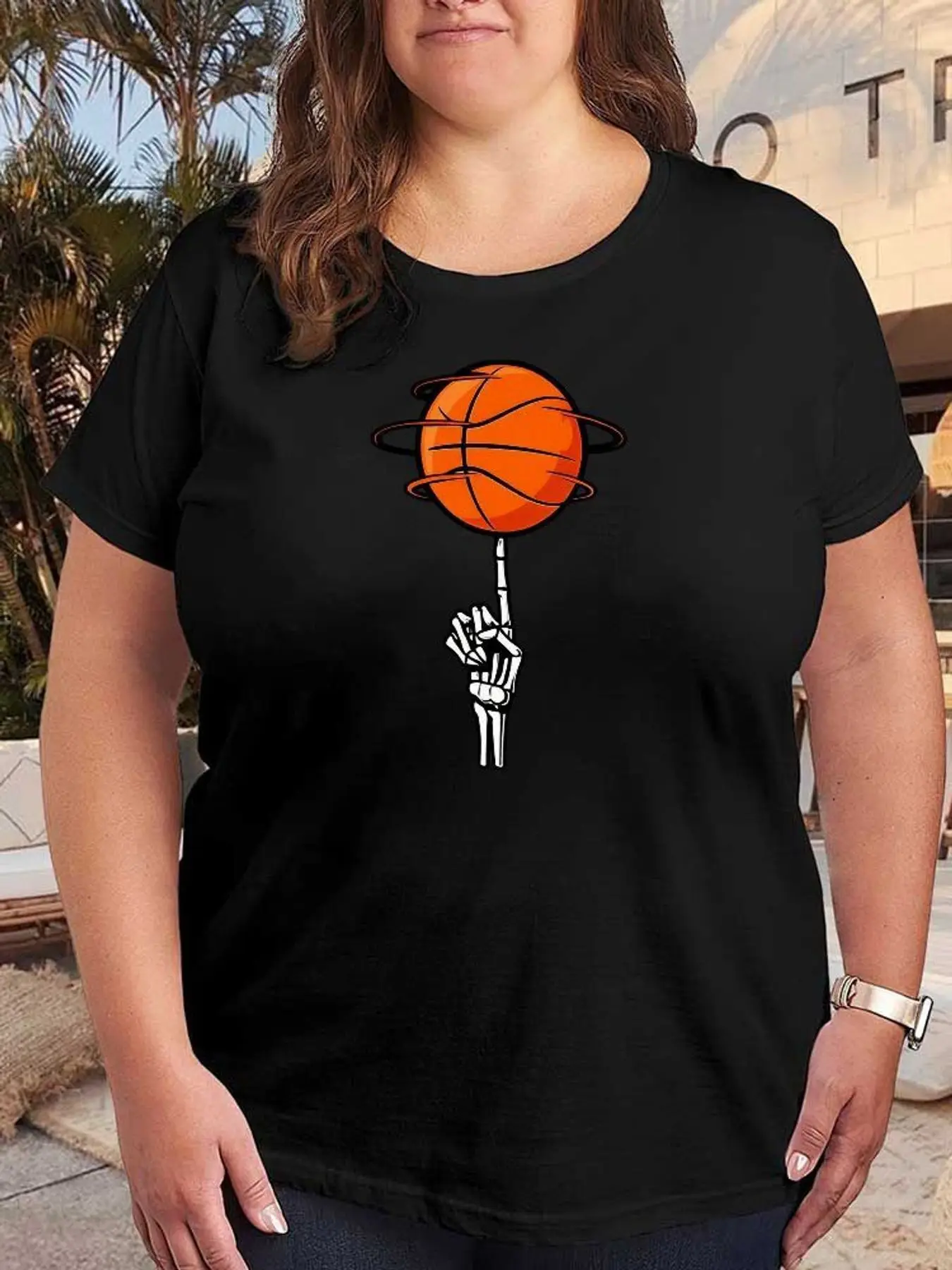 Skeleton Hand Spinning Basketball Graphic T Shirt Women Fashion Short Sleeve Stretchy Plus Size Casual Cotton Soft Loose Tee Tops