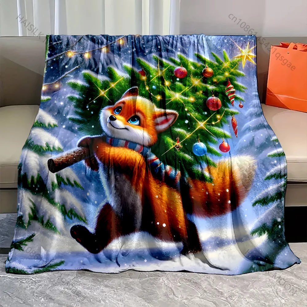 Festive fox with Christmas tree pattern Blanket Flannel Material Soft Warm for All Seasons,For Home Outdoor Camping Picnics RV