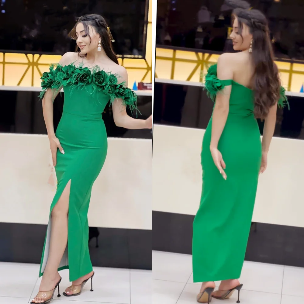 Customized Jersey Flower Feather Ruched Celebrity A-line Off-the-shoulder Bespoke Occasion Gown Midi Dresses