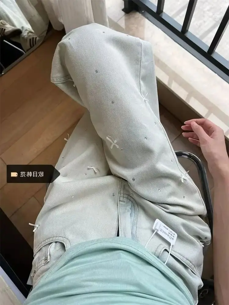 Herbst Koreanische Bogen Heißer Diamant Lose Fit Große Größe Frauen Breite Bein Jeans Mode Lässig Gerade Bein Vielseitige Jeans für Frauen