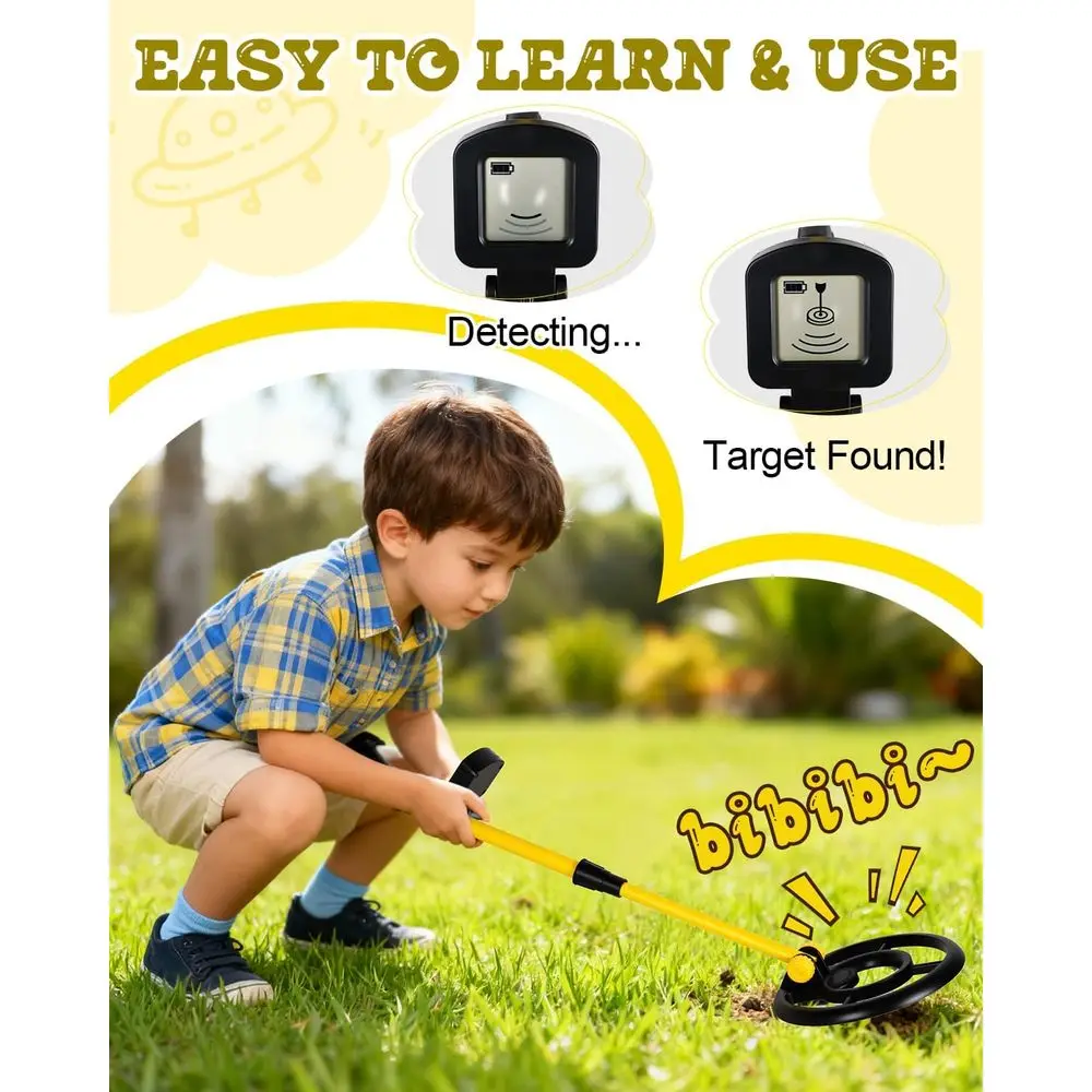 كاشف المعادن للأطفال، ملف بحث 7.4 بوصة مع شاشة LCD، كاشف ذهبي مقاوم للماء، خفيف الوزن 1.1 رطل، قابل للطي من 24 بوصة إلى 35 بوصة