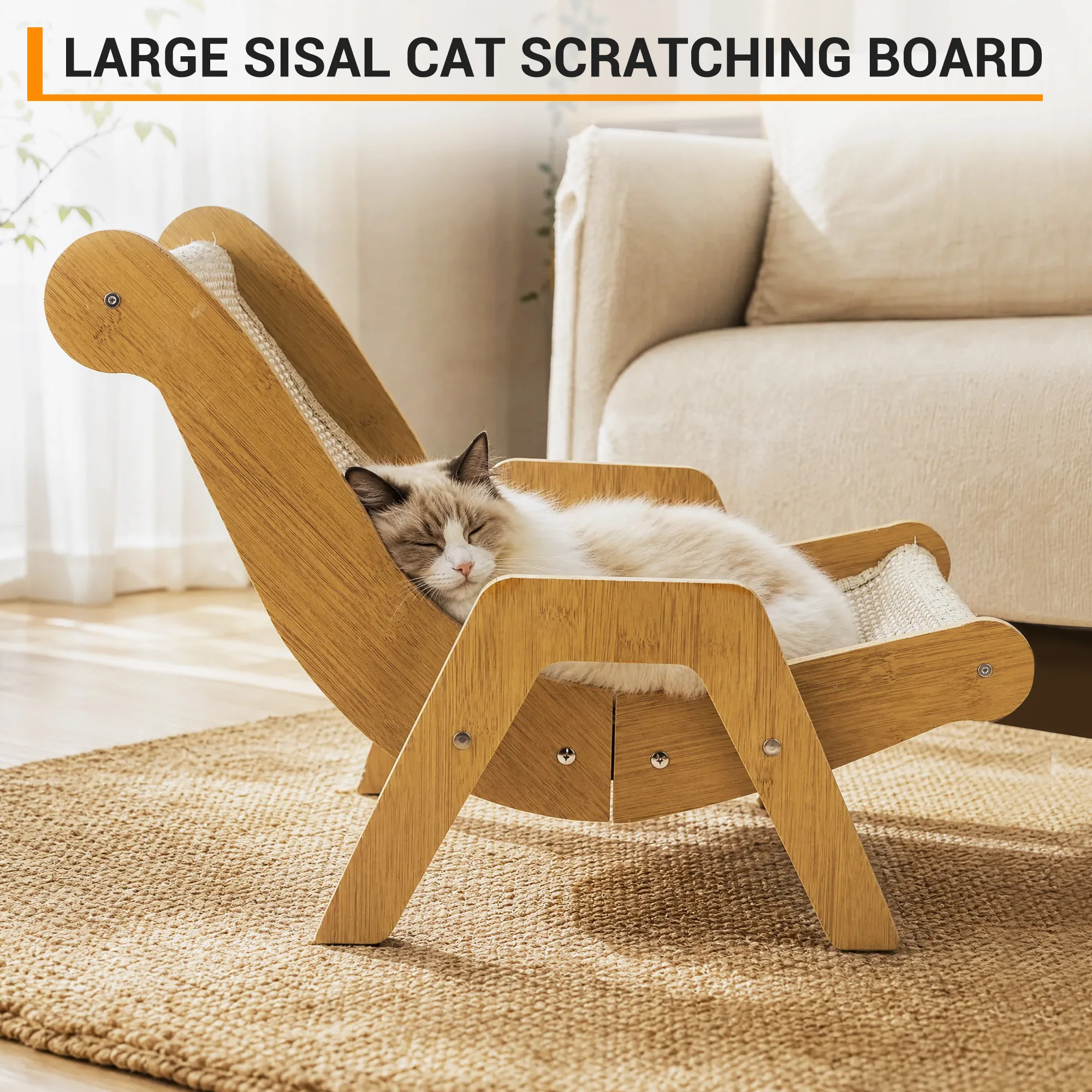 Wooden Sisal Cat Scratcher Lounger, 20.3x17.5 Inch Split-Joint Natural Jute Cat Lounge Chair, Durable Scratch Resistant Cat Bed, 2 in 1 Cat Scratching Pad & Rest Bed for Kittens, Indoor Adult Cats, Home Decor Pet Furniture