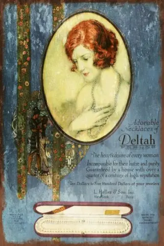 1pc Deltah Pearl Necklace by Heller Advert Aged Look Vintage Retro Style Metal Sign