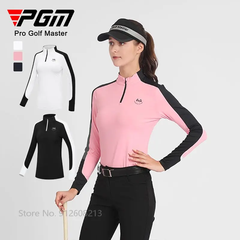 PGM Female Long-sleeved Patchwork Golf T-shirt Zipper Collar Golf Tops Elastic Warm Polo Shirts Women Slim Windproof Sportswear