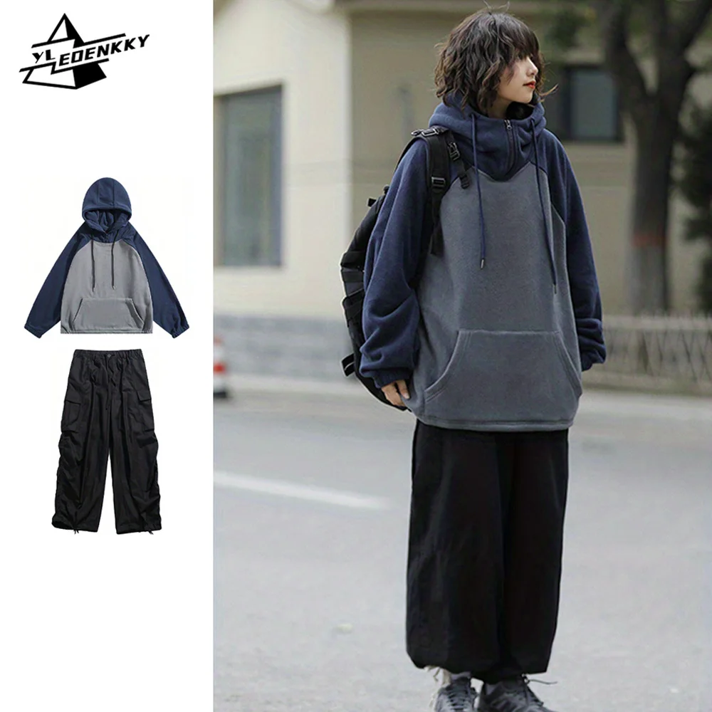 Japanese Oversize Set Men Patchwork Fleece Loose Hooded Sweatshirt+Casual Multi-pocket Wide-leg Cargo Pants Autumn Couple Suit