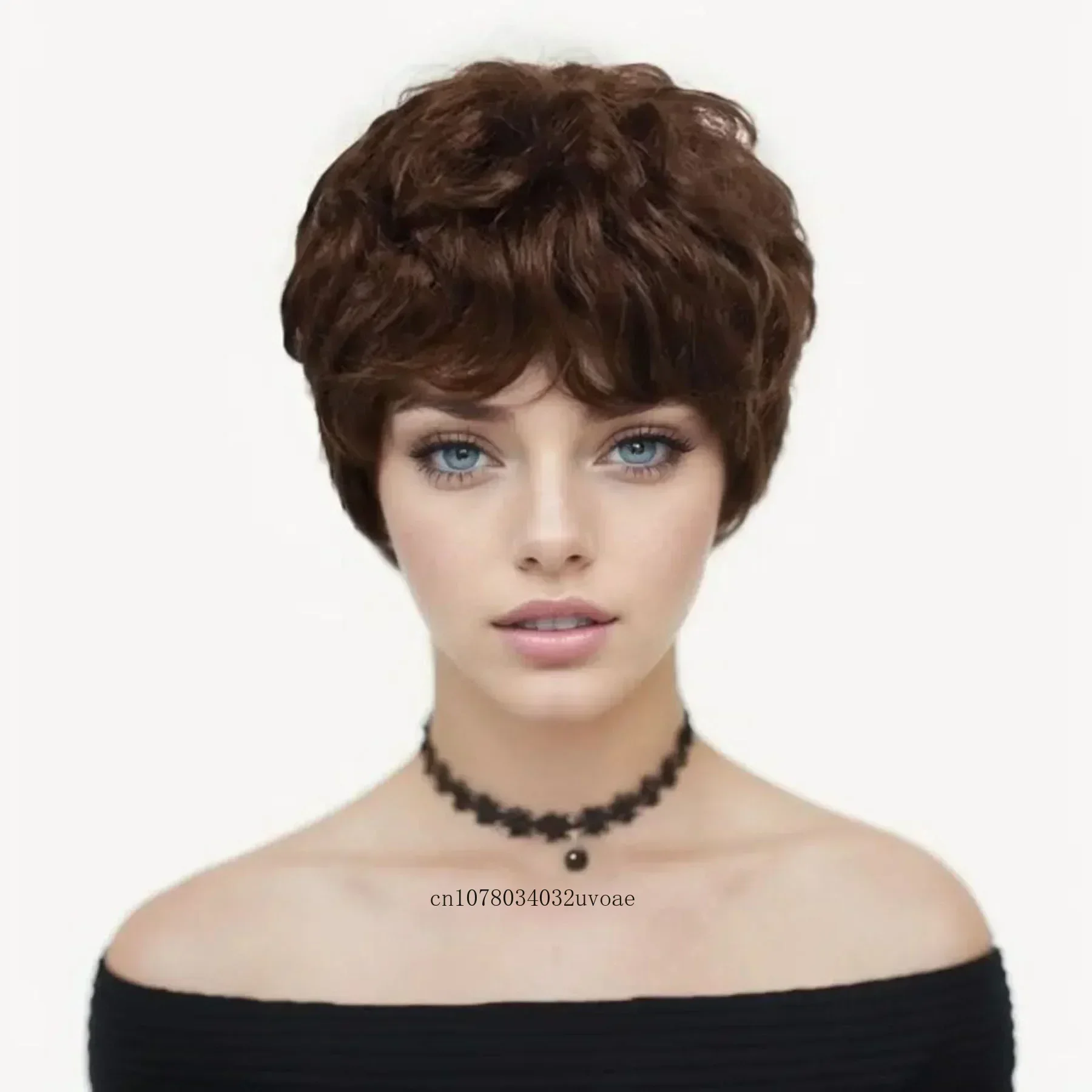 Short Wigs for Women Synthetic Hair Brown Curly Wig with Bangs Natural Hairstyles Casual Wig for Mother Gifts Average Cap Size