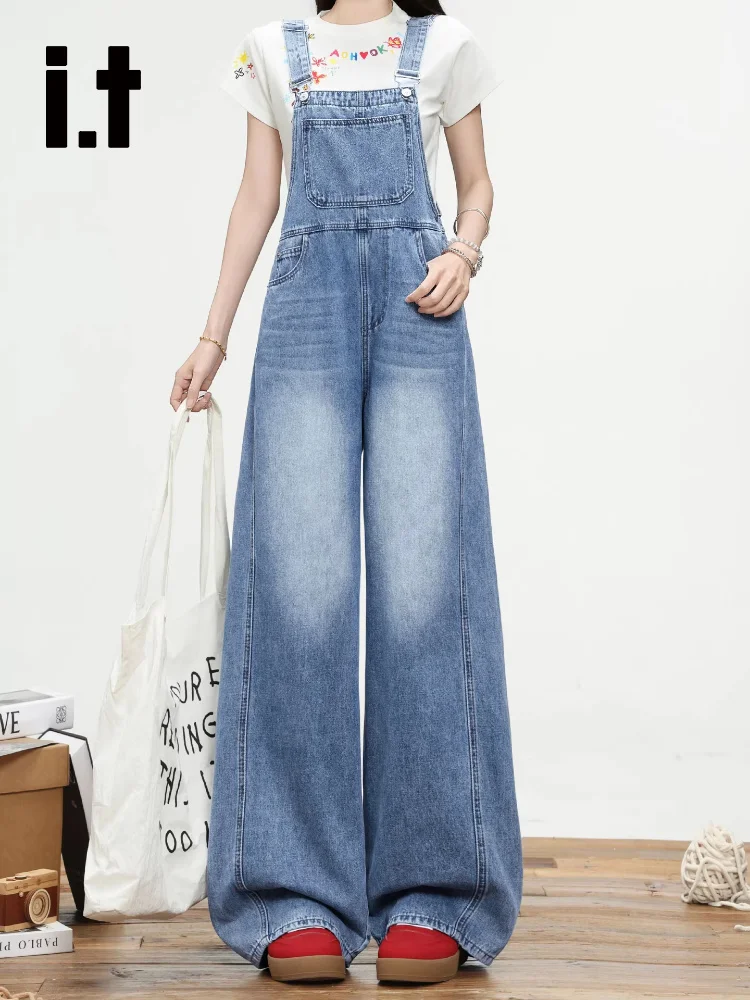 

Early Spring Anti-Aging Light Blue Denim Overalls Women's American Sle Slim Straight Leg Trousers High Waist Wide Leg Jeans