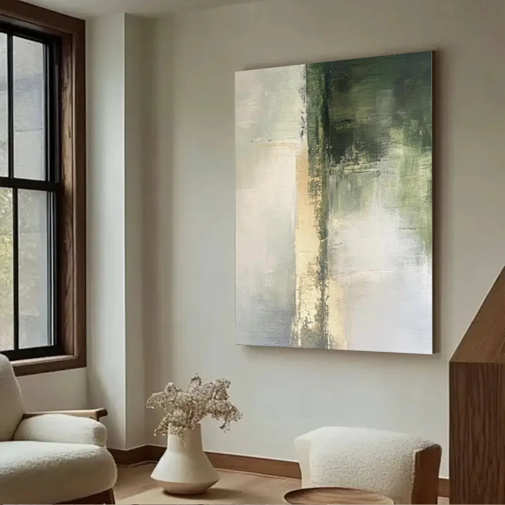 

100% Handmade Abstract Oil Painting - Golden Green Thick Scraper Texture Wall Art Picture for Home Living Room Decor Image Gift