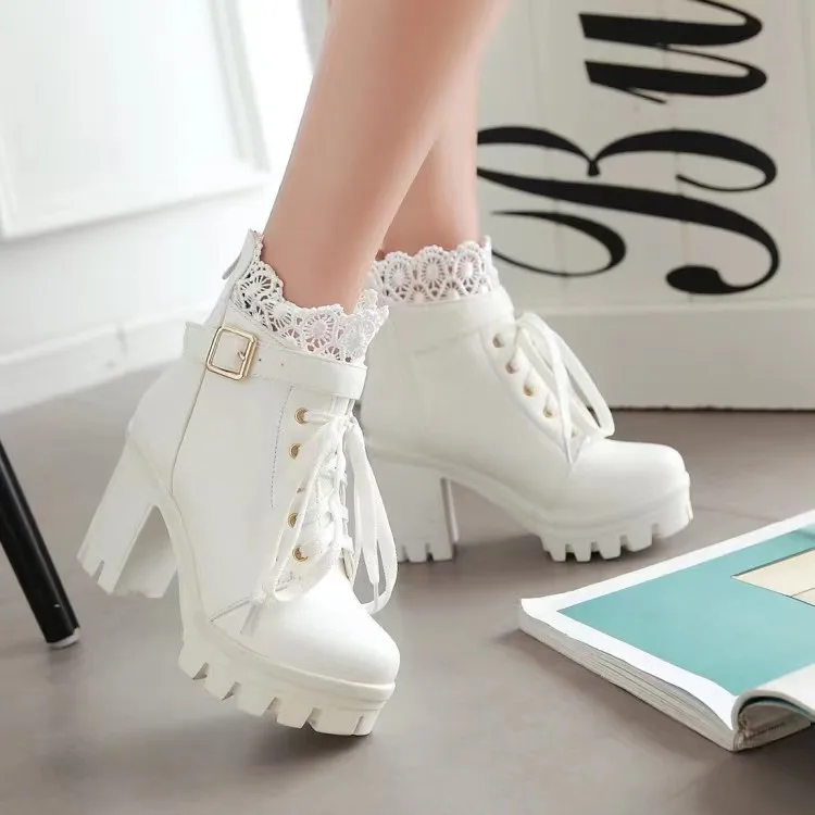 Autumn and Winter Short Boots Large High Heels Thick Heels Lace Lace Strap Back Zipper Thick Bottom Waterproof Platform Women's