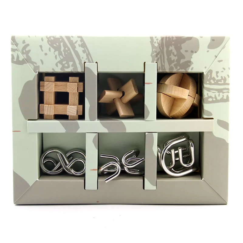 Wooden Puzzles mix 3D Metal Puzzles 6PCS/Set Combination Kong Ming Lock Wire Intelligence Buckle Interlocked IQ Collection Toys