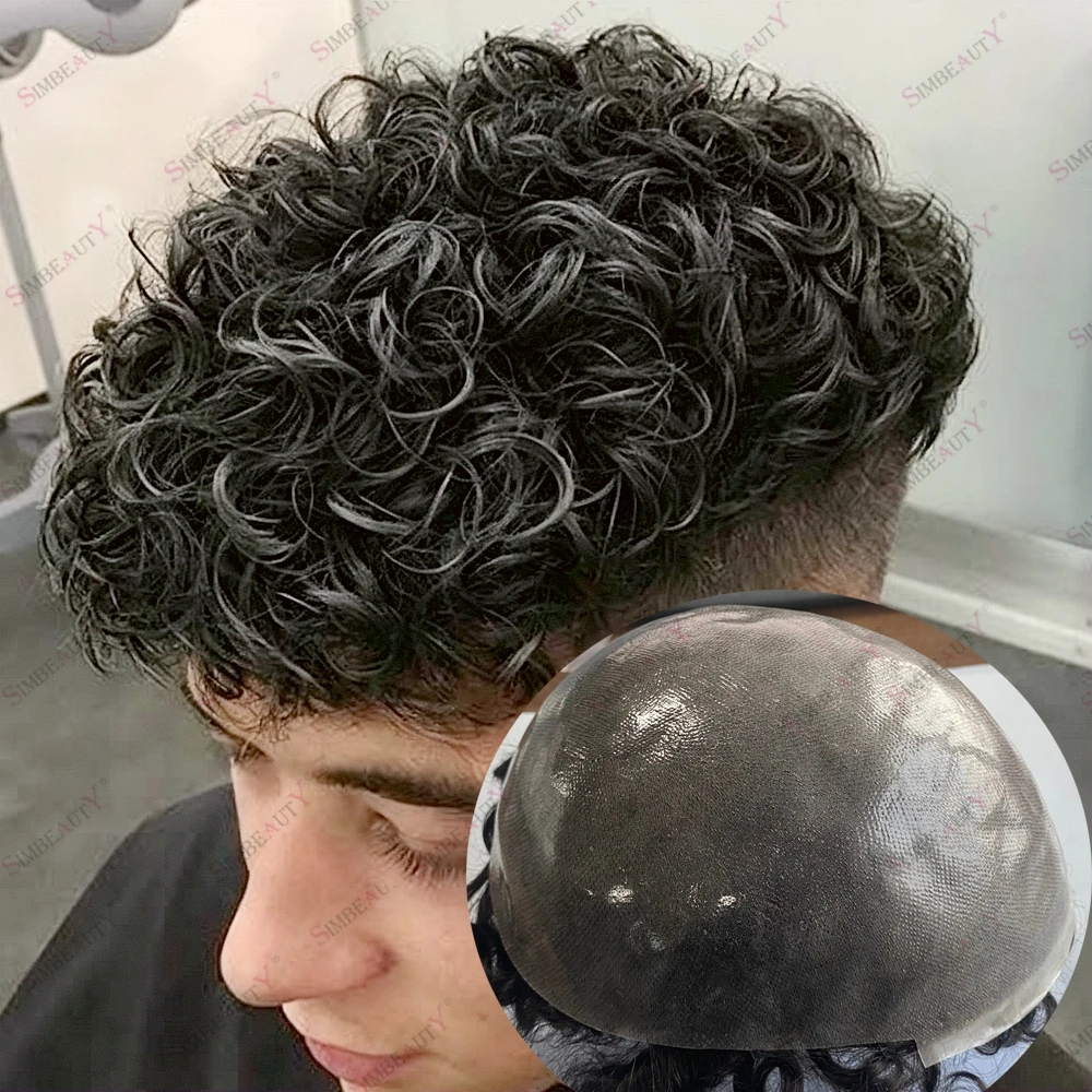 Microskin 20mm Curly Human Hair Men's Toupee Transparent Thin 0.06mm Skin Base Capillary Prosthesis Natural Hairline Men Wigs