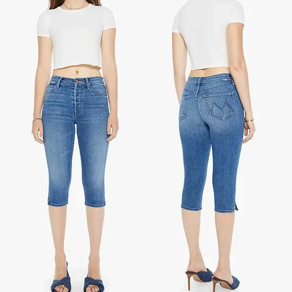 

Women High waisted denim pants elastic washed blue minimalist jeans