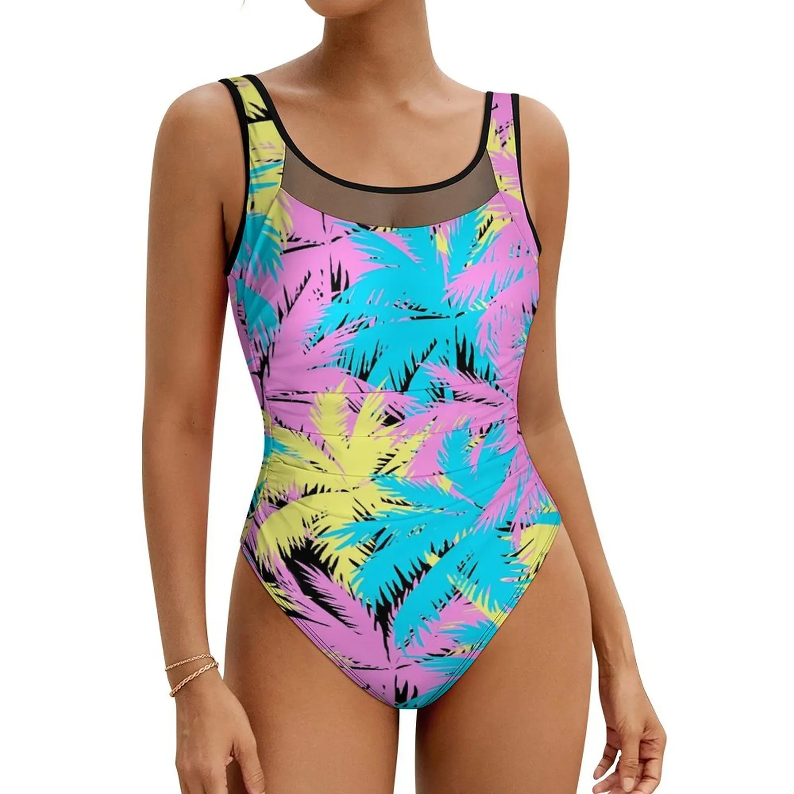 

Neon Palm Trees Swimsuit Plant Print Swimwear One Piece Fitness Swimsuits High Cut Monokini Ladies Push Up Sexy Beach Wear