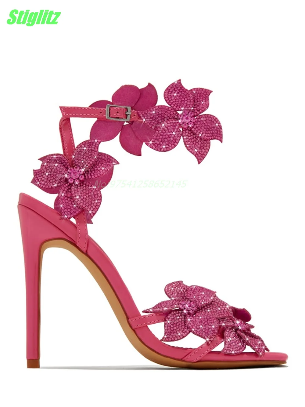 Fiore strass donna sandali rosa punta quadrata partito sottile tacco alto Strappy estate scarpe da donna nuovo arrivo cinturino con fibbia 2024