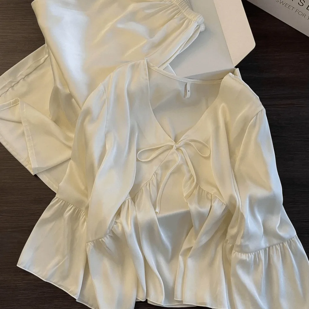 

Women's Home Clothes Ice Silk Thin Pijama Spring Summer Two Piece Pajama Set V-neck Loungewear Suit Homewear Loose Home Wear