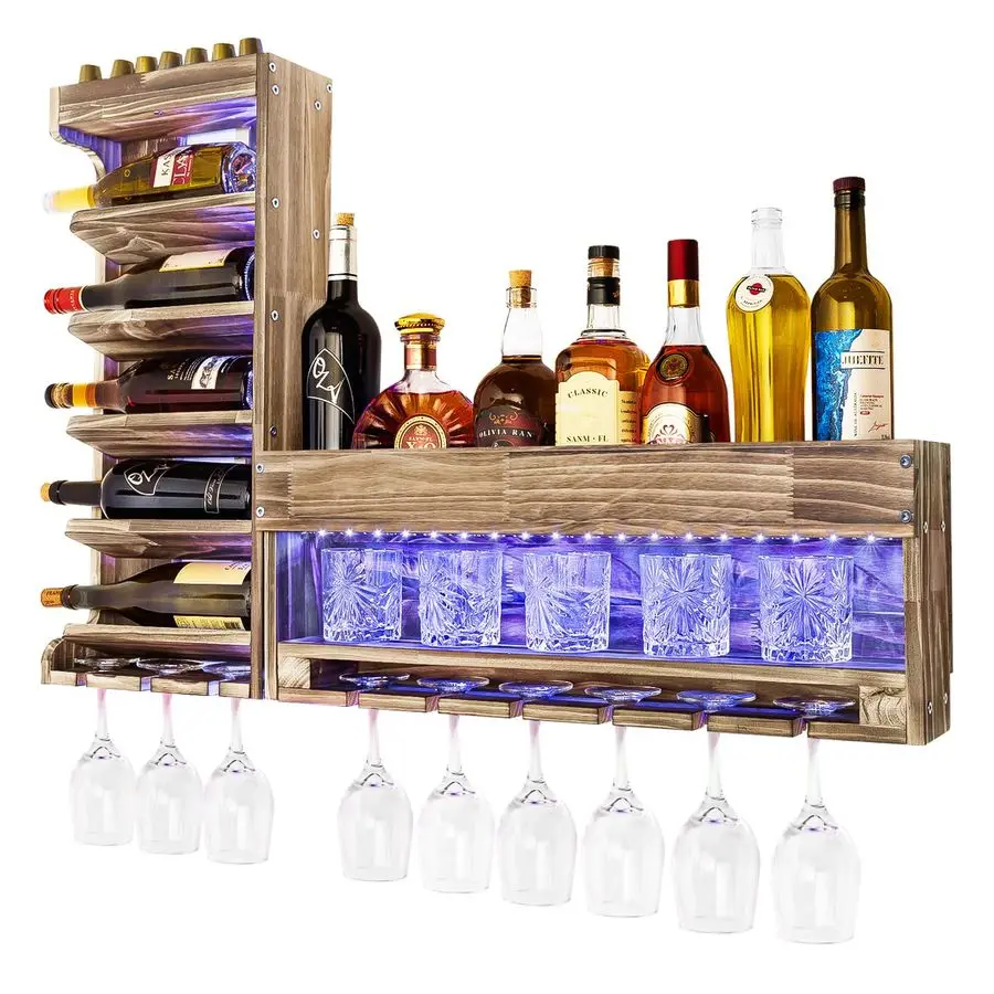 

Wine Rack with LED Light Wall Mounted Wood,Alcohol Shelf with Bottle Stemware Glass Holder Rustic, Liquor Display Storage with C