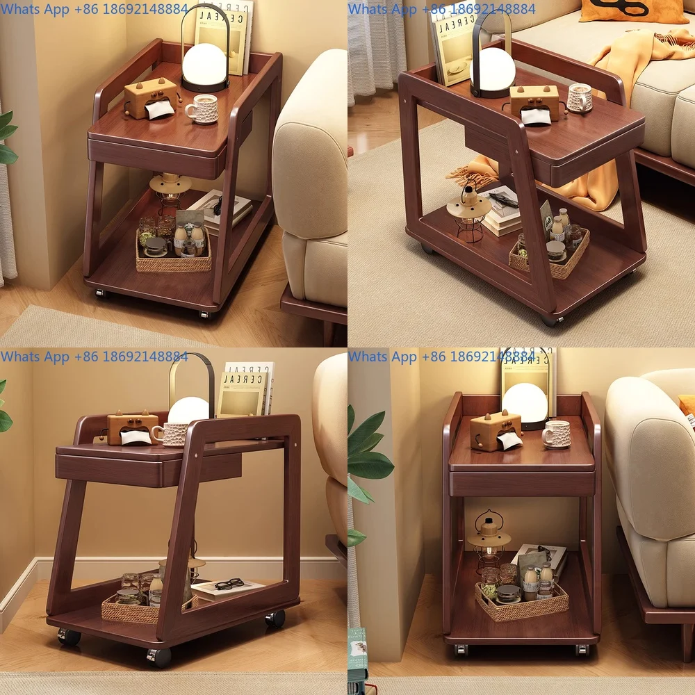 Movable side table solid wood rolling coffee table simple bedside cart small home utility trolley living room sofa side cabinet
