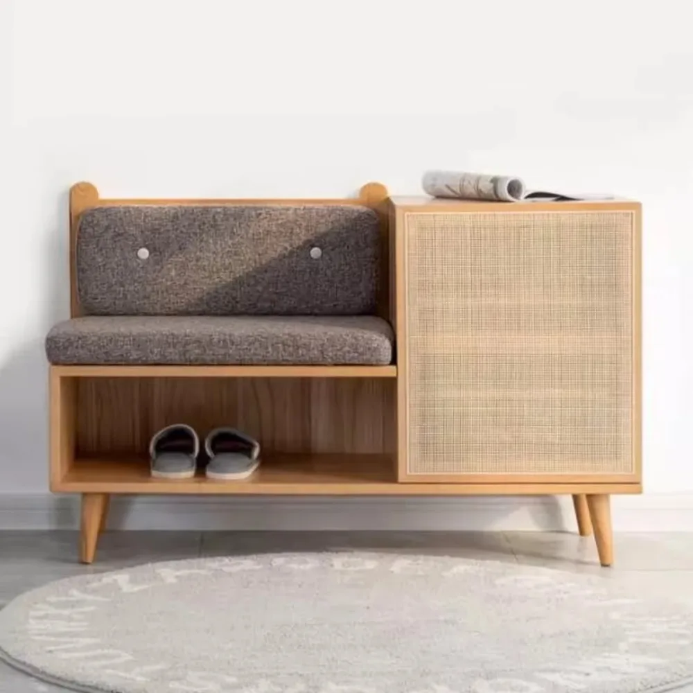 Natural Bamboo Shoe Rack Entryway Shoe Storage with Storage Cabinet Shelf Shoe Bench with Cushion