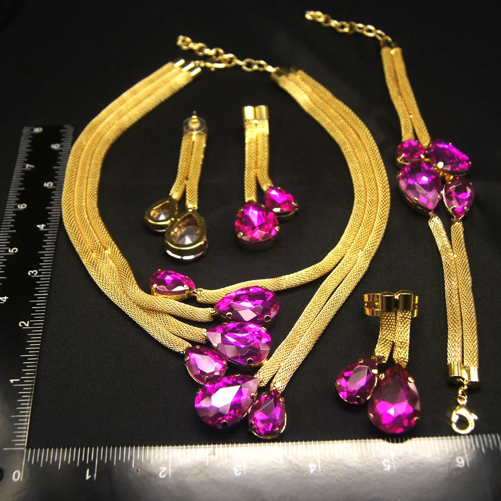 High Quality Women Multi Color Diamond Gold Jewelry Sets Favors Necklace Brazilian Earrings Rings Exquisite Bridal Accessories