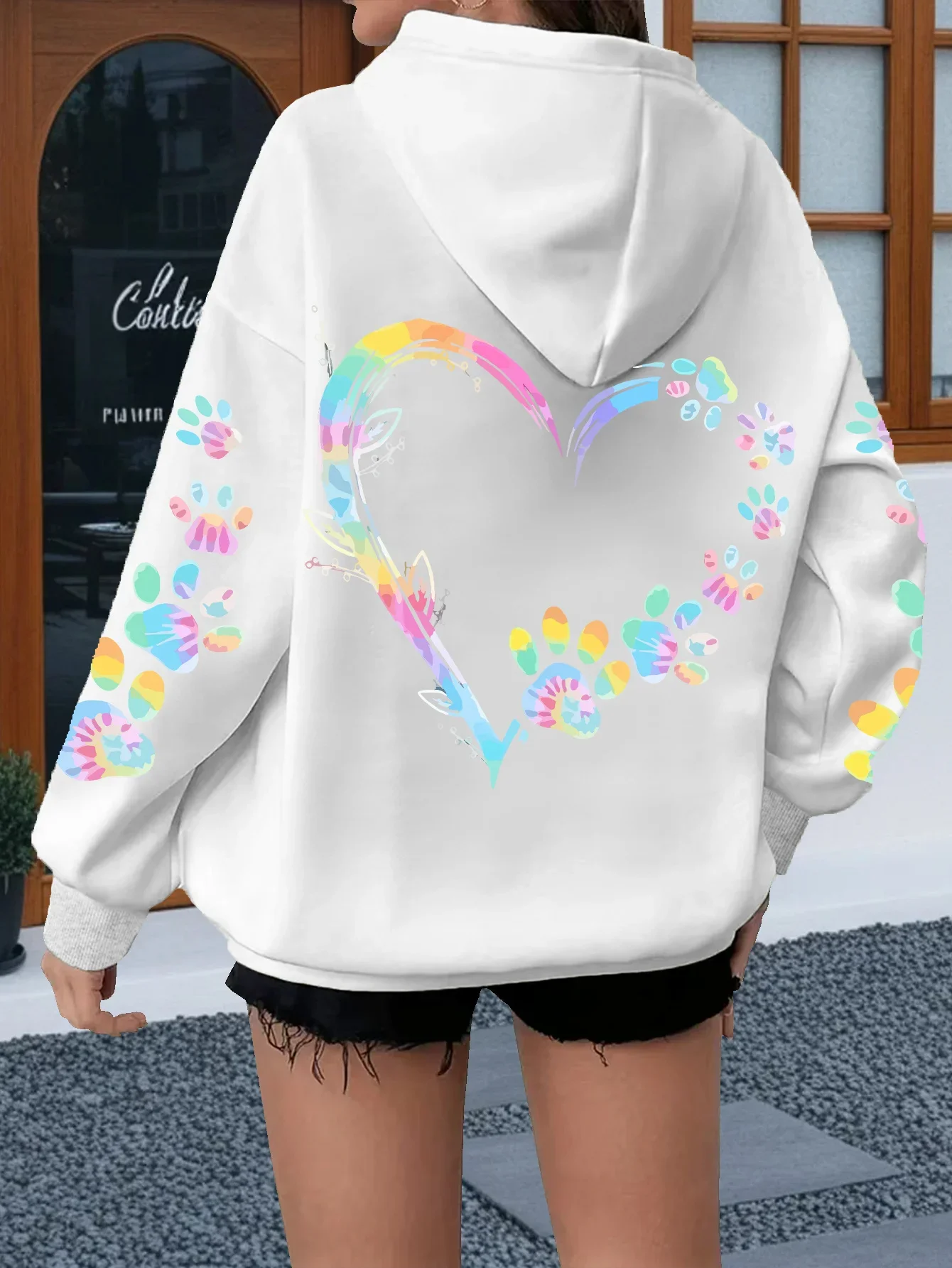 2026 Heart Dog Paw Printed Hoodies Women Casual Fashion All Match Hoody Warm New Pullovers Harajuku Trend Hooded Sweatshirts