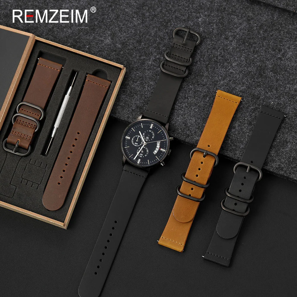 Calfskin Genuine Leather Watch Strap 20mm 22mm with Quick Release Spring Bar Gift Packing Box Business Style Wristband