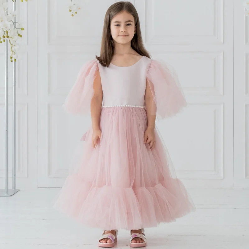 

Flower Girl Dresses Pink Tulle Puffy With Bow Short Sleeve For Wedding Birthday Party Banquet Princess Gowns