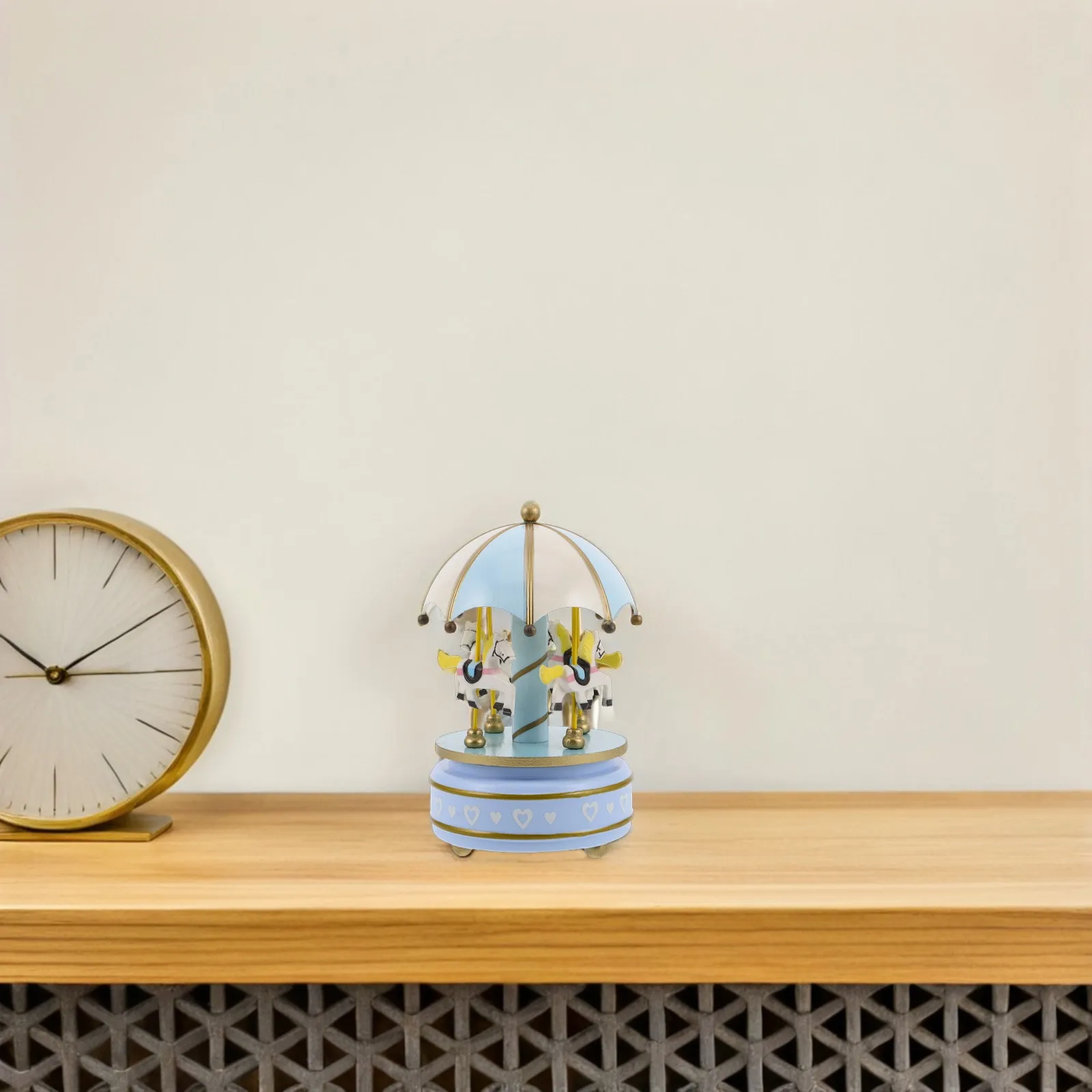 Vintage Wooden Music Box Carousel Rotation Feature Fine Wood Plastic Construction Relaxing Tune Tabletop Decor Desktop Ornament
