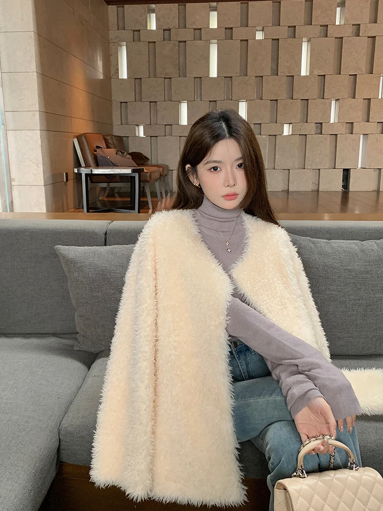 

Lamb Fur Trimmed Leather Jaet Women's Loose Fit Faionable Outerwear Korean Sle round Ne Long Sve Coat