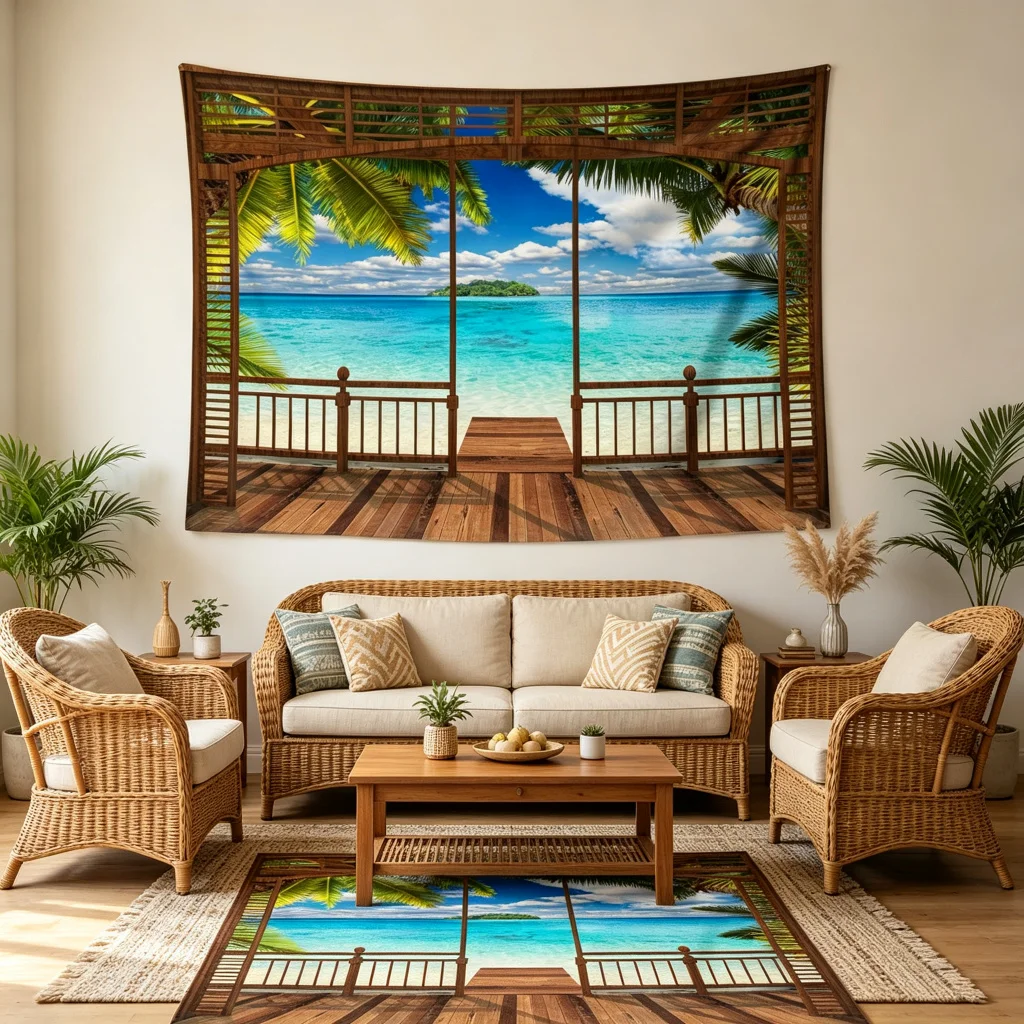 1PC Wooden Terrace Ocean View Print Backdrop Banner, Bedroom Living Room Photo Background, Polyester, Home Decor, Wall Art